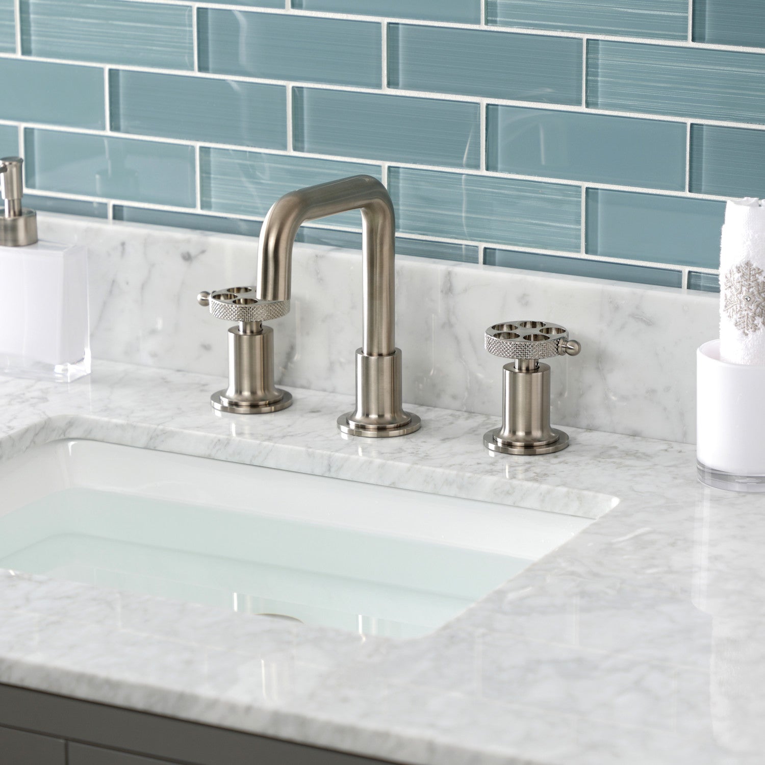 Kingston Sona KS142RKXBN - Webb Two-Handle 3-Hole Deck Mount Widespread Bathroom Faucet with Knurled Handle and Push Pop-Up Drain, Brushed Nickel — thumbnail 2